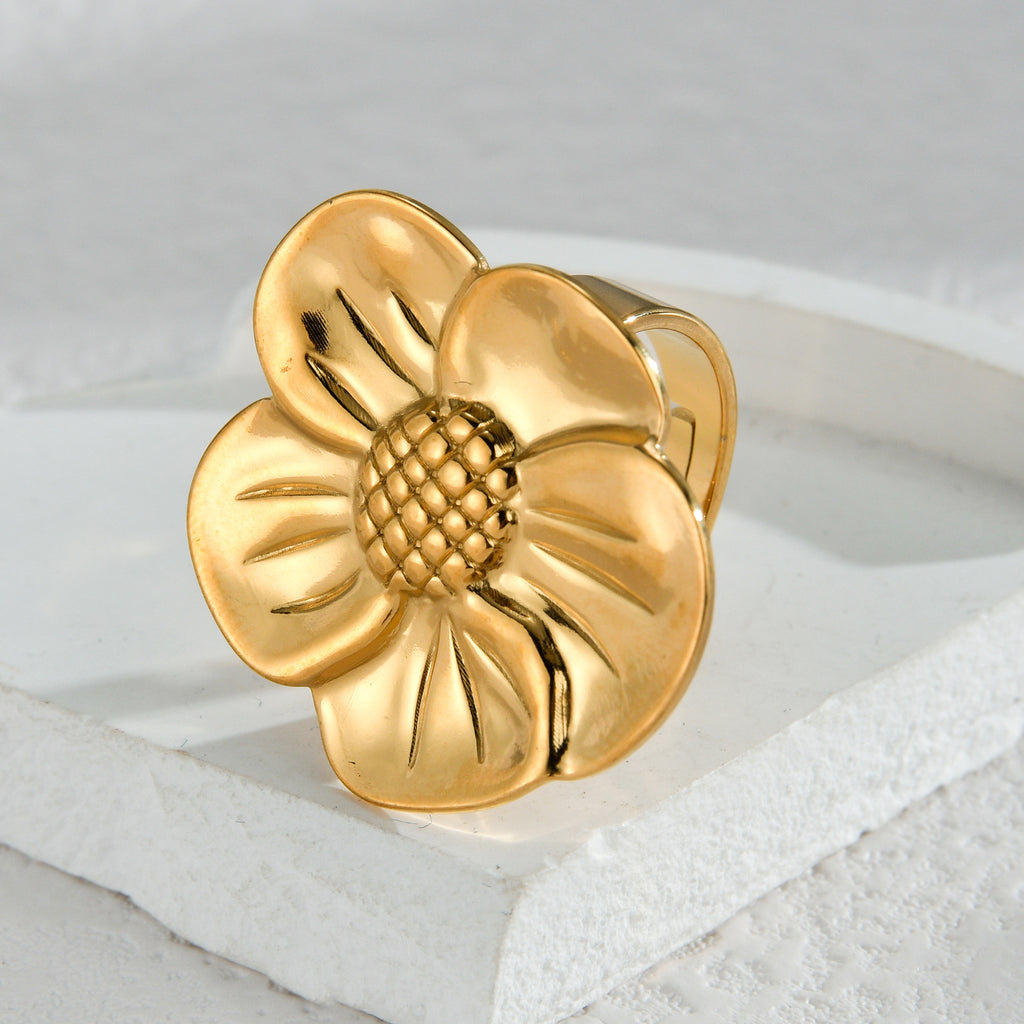 Textured Retro Gold Stainless Steel Flower Open Ring Women - Beauty Accessories