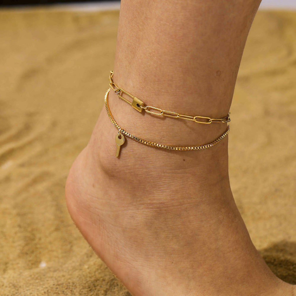 Stainless Steel Gold Double Key Pin Lock Anklet - Beauty Accessories