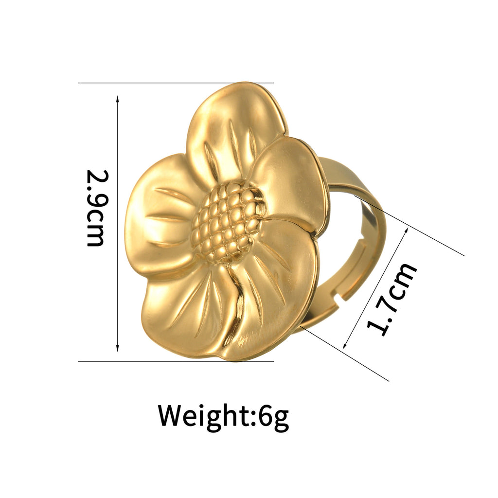 Textured Retro Gold Stainless Steel Flower Open Ring Women - Beauty Accessories