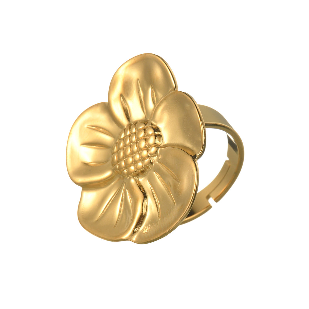 Textured Retro Gold Stainless Steel Flower Open Ring Women - Beauty Accessories