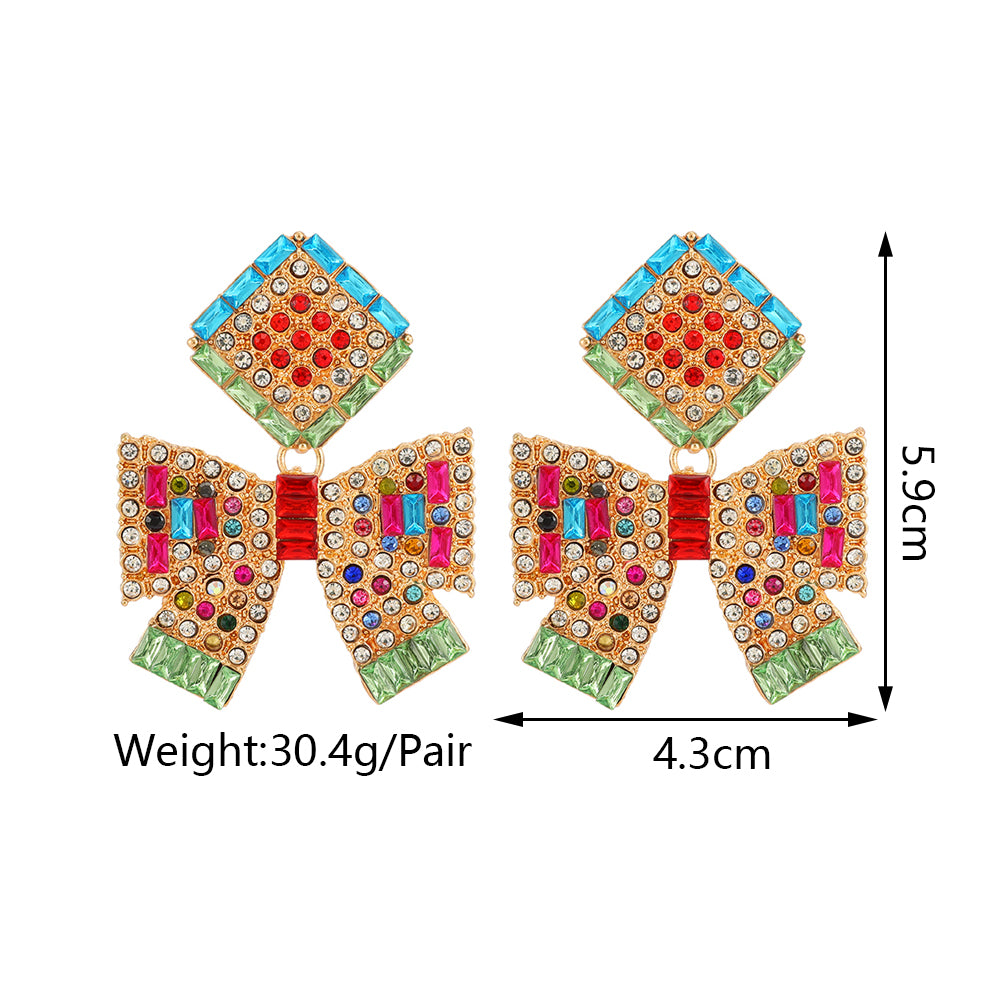 Multicolor Paved Rhinestone Bow Dangle Earrings - Beauty Accessories