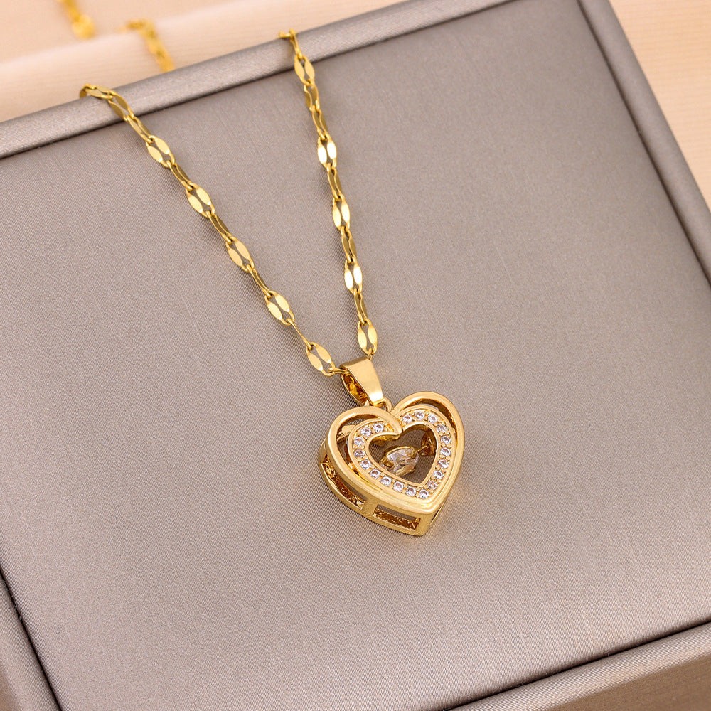Double-layer Love Necklace With Rhinestones Titanium Steel - Beauty Accessories