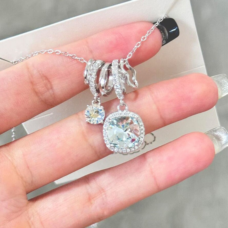 S925 Pure Silver Ice-clear Sea Blue Square Necklace - Beauty Accessories