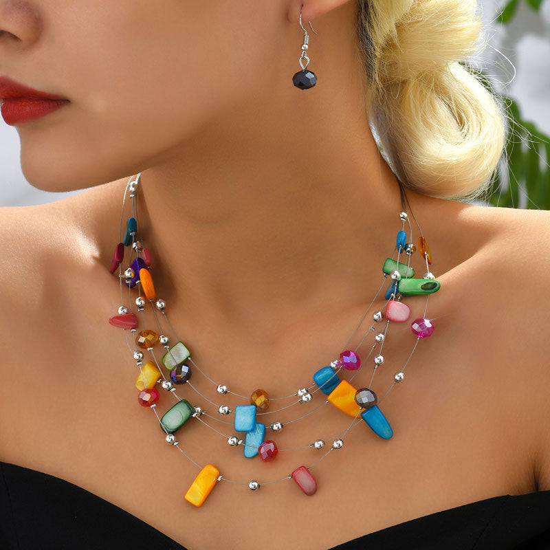 Bohemian Multi-layer Crystal Shell Earrings And Necklace Set - Beauty Accessories