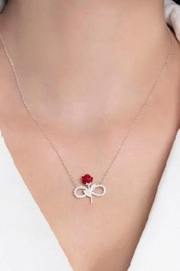 925 Sterling Silver Red Rose Infinity Necklace With White Stone - Beauty Accessories