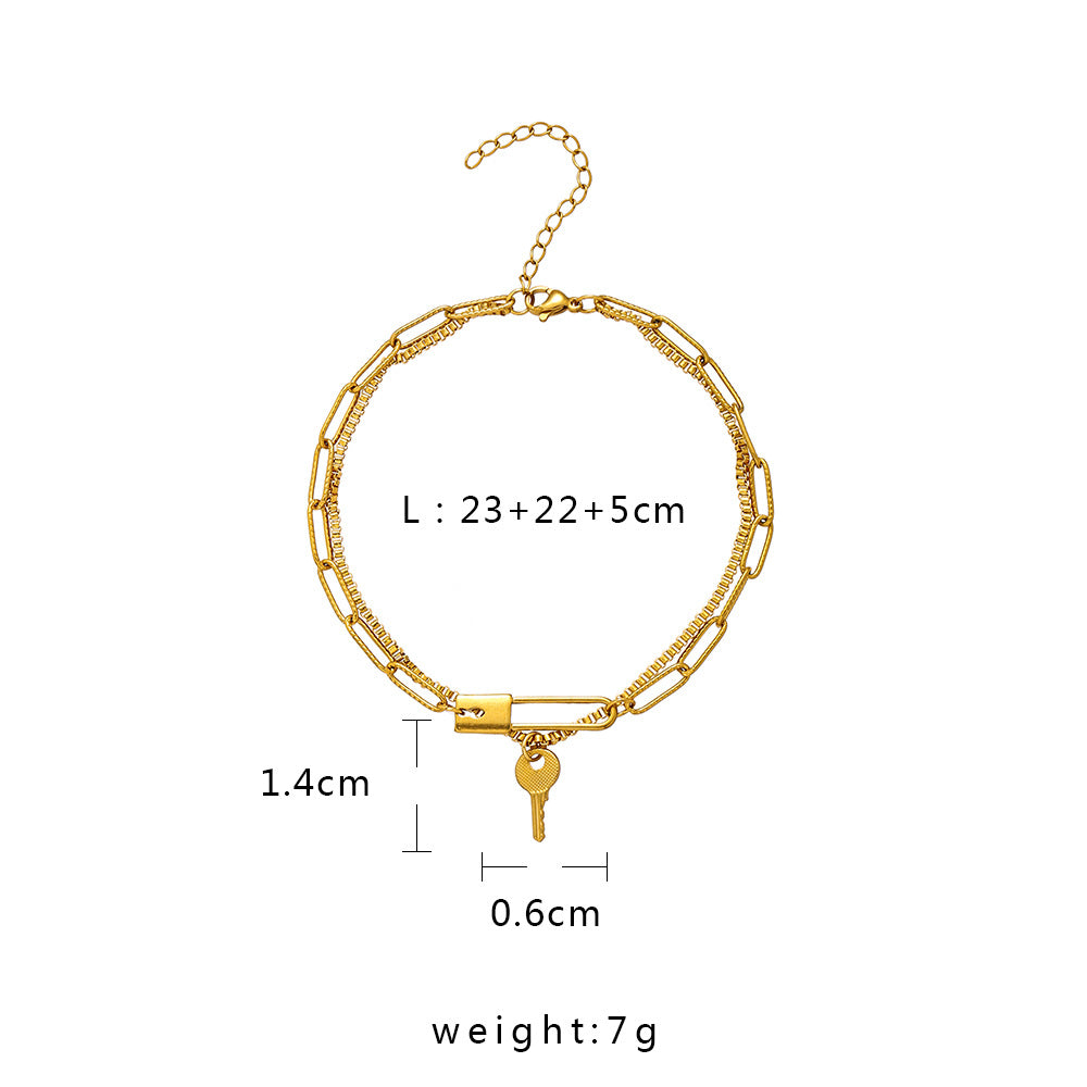 Stainless Steel Gold Double Key Pin Lock Anklet - Beauty Accessories