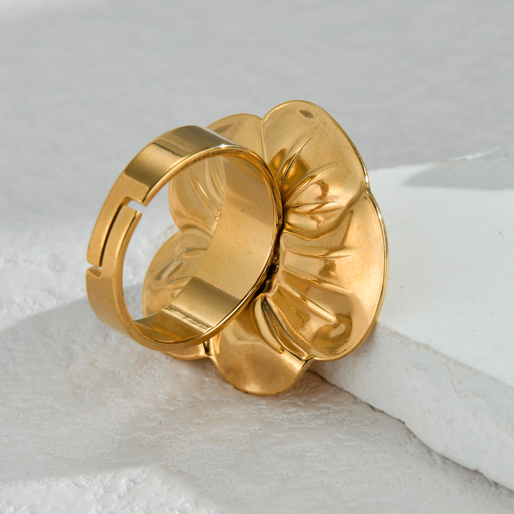 Textured Retro Gold Stainless Steel Flower Open Ring Women - Beauty Accessories