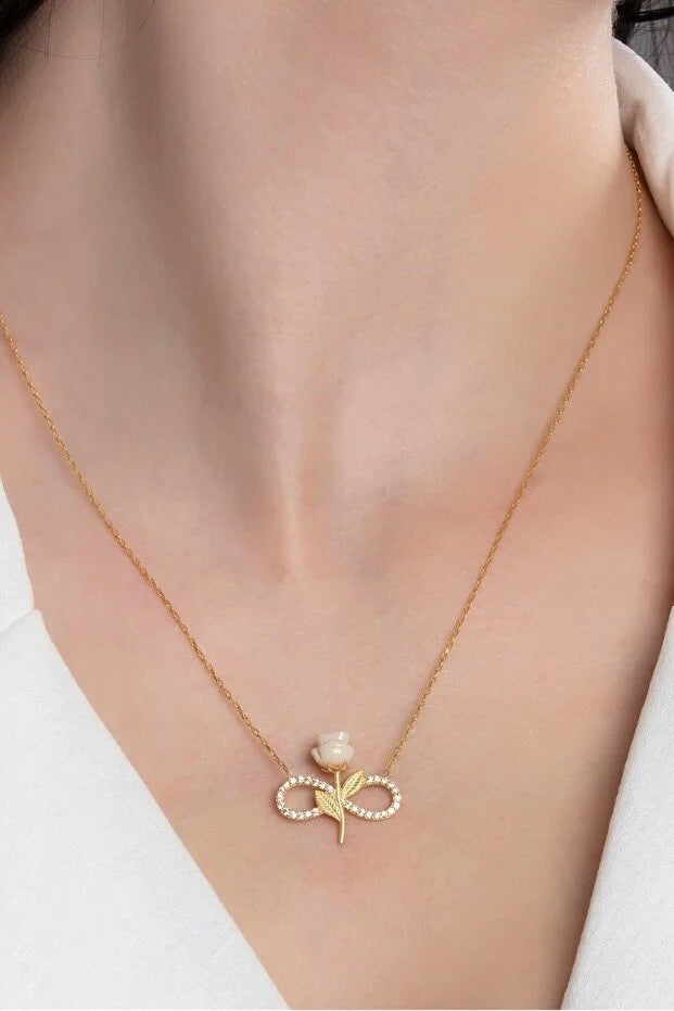925 Sterling Silver Gold Plated White Rose Infinity Necklace - Beauty Accessories