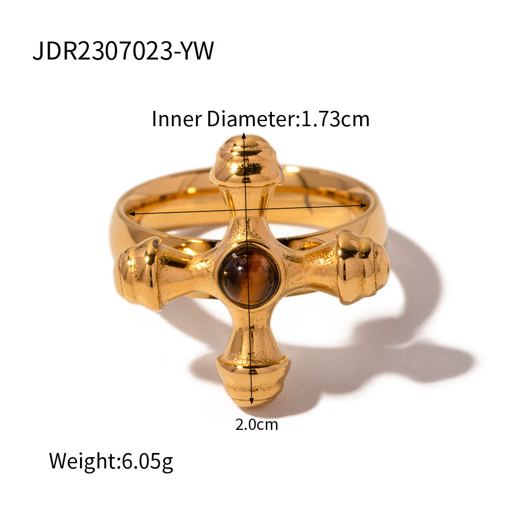 Stainless Steel Inlaid Stone Cross Gold-plated Ring - Beauty Accessories