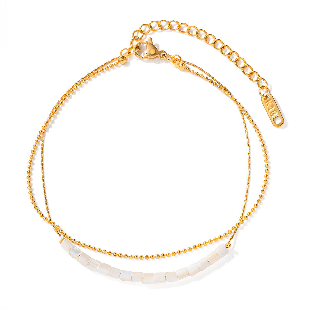 18K Gold Stainless Steel Double-layer Cylindrical Shell Beaded Anklet - Beauty Accessories