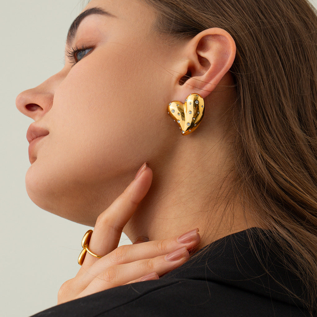 Fashion 18K Gold Stainless Steel Inlaid White Diamond Love Heart Earrings - Beauty Accessories