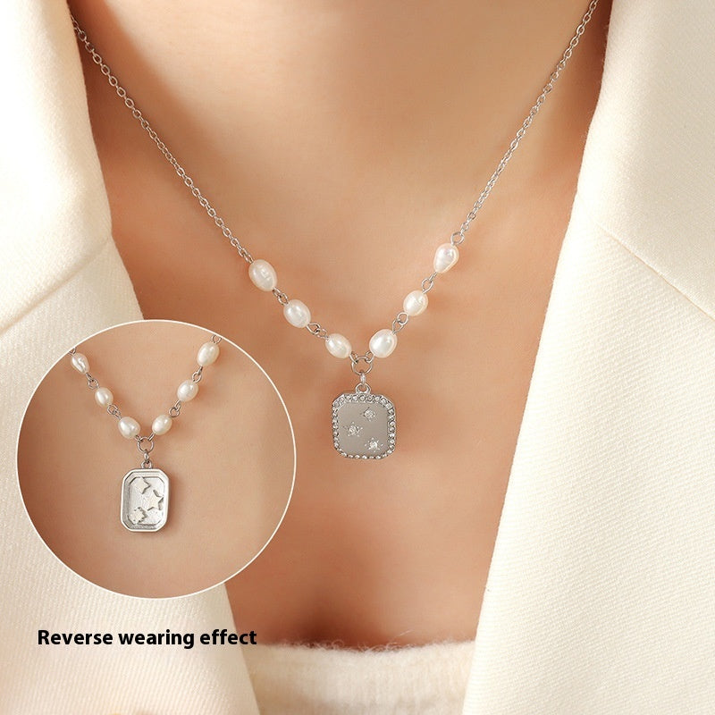Square Inlaid Diamond Reversible Pendant Freshwater Pearl Necklace - Beauty Accessories