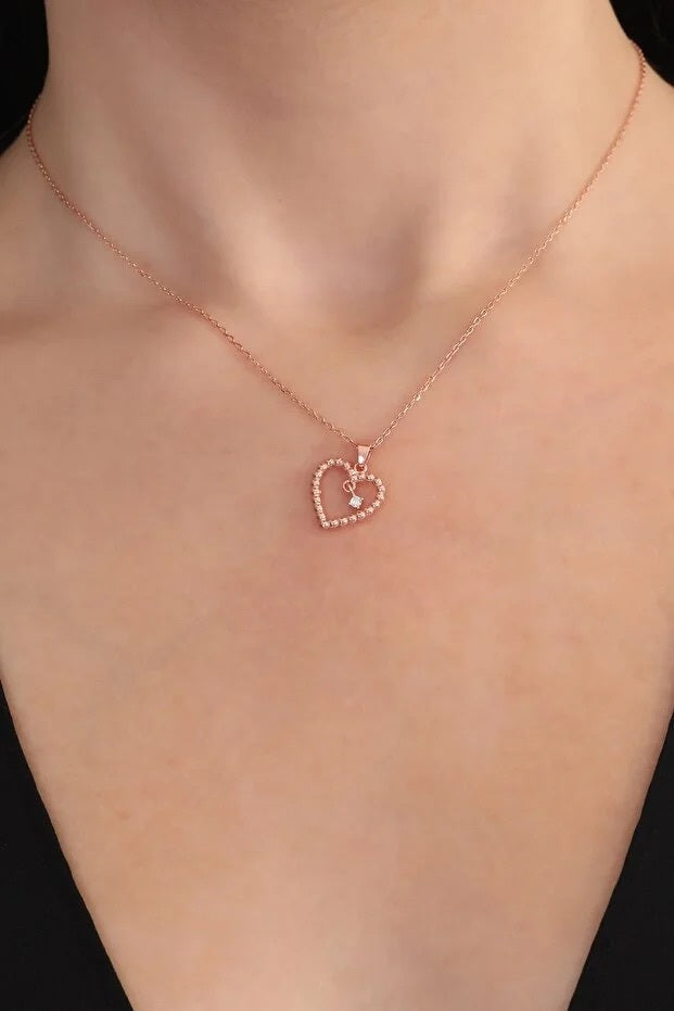 925 Sterling Silver Rose Gold Plated Heart Solitaire Necklace With White Zircon Stone - Beauty Accessories