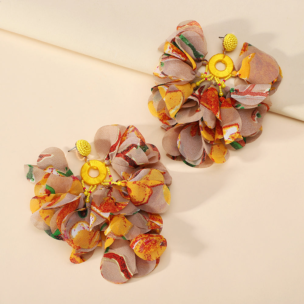 Handmade Bohemian Beaded Chiffon Flower Tassel Earrings - Beauty Accessories
