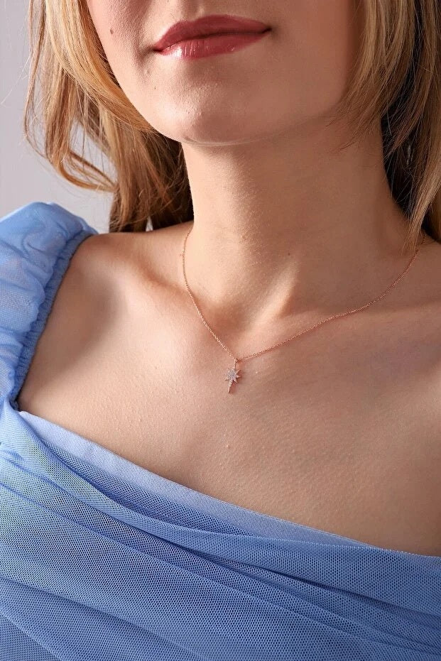 925 Sterling Silver Star Necklace With Zircon Stones Rose Gold Plated