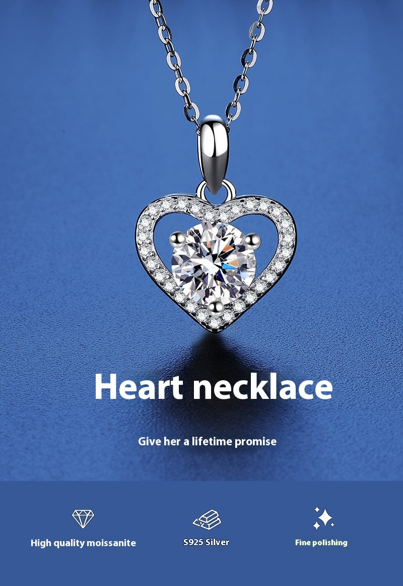 Sterling Silver Moissanite Ring Heart-shaped Necklace Female Clavicle Chain - Beauty Accessories