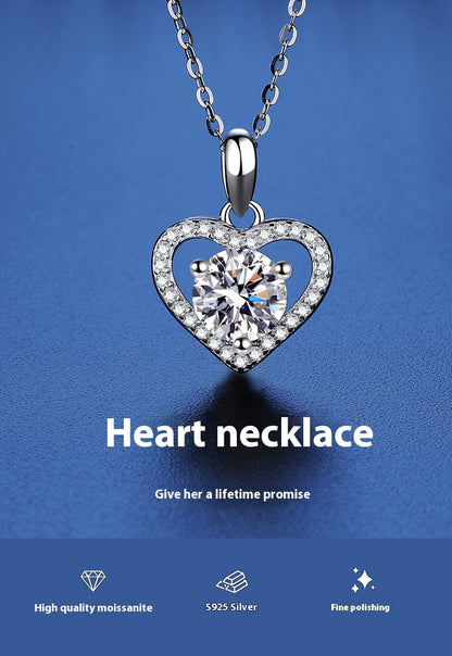 Sterling Silver Moissanite Ring Heart-shaped Necklace Female Clavicle Chain - Beauty Accessories