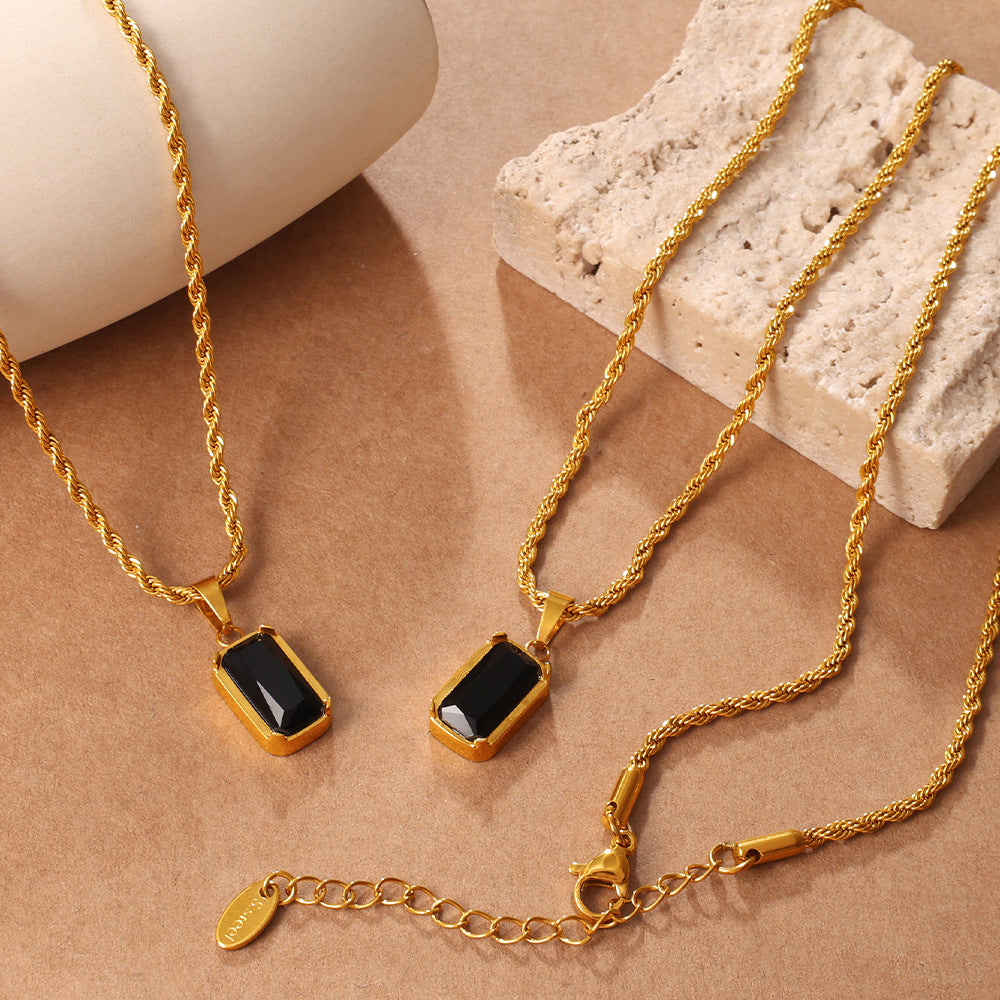 Vintage Stackable Black Onyx Pendant 18K Gold Plated Stainless Steel - Beauty Accessories