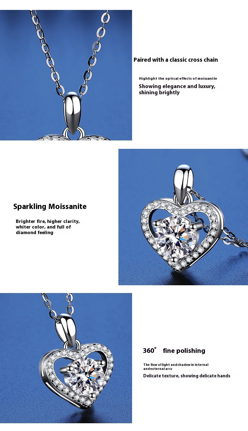 Sterling Silver Moissanite Ring Heart-shaped Necklace Female Clavicle Chain - Beauty Accessories
