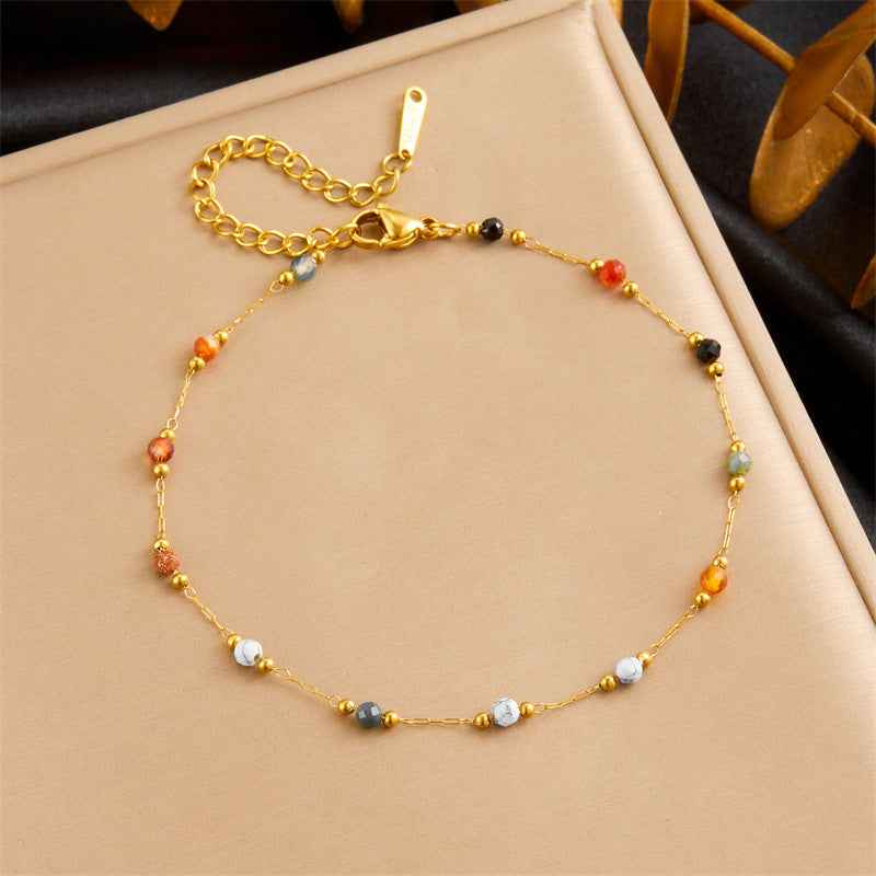 Colored Beaded Stone Stainless Steel Chain Anklet - Beauty Accessories