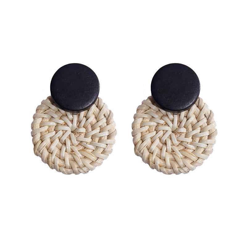 Women's Wooden Rattan Geometric Round Boho Earrings