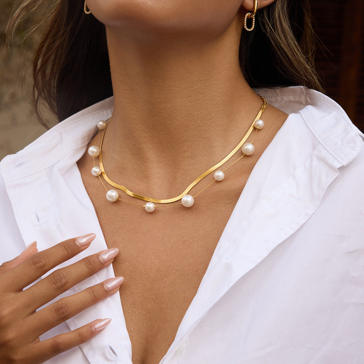 Elegant 18K Gold Stainless Steel Glass Pearl Necklace