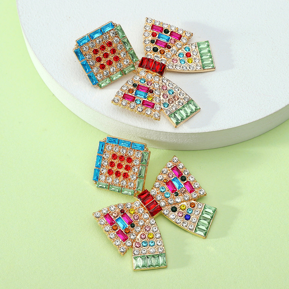 Multicolor Paved Rhinestone Bow Dangle Earrings - Beauty Accessories