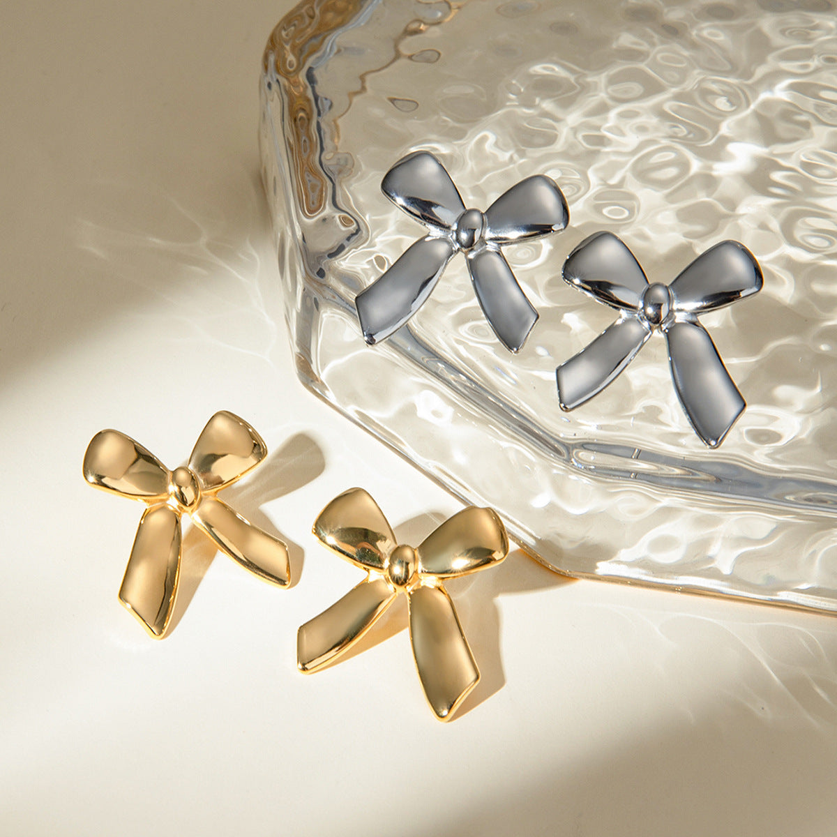 Stainless Steel Glossy Bow Earrings - Beauty Accessories