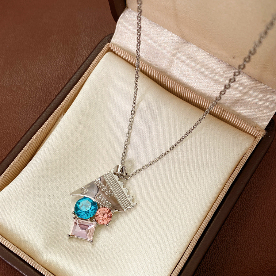 Stainless Steel Crystal Necklace For Women Colorful Gemstone - Beauty Accessories