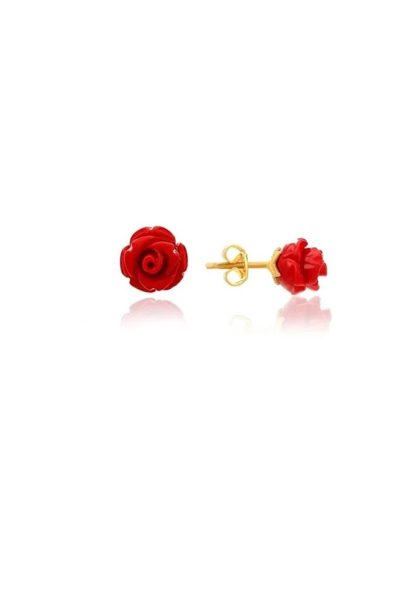 925 Sterling Silver Gold Plated Red Rose Earrings For Women