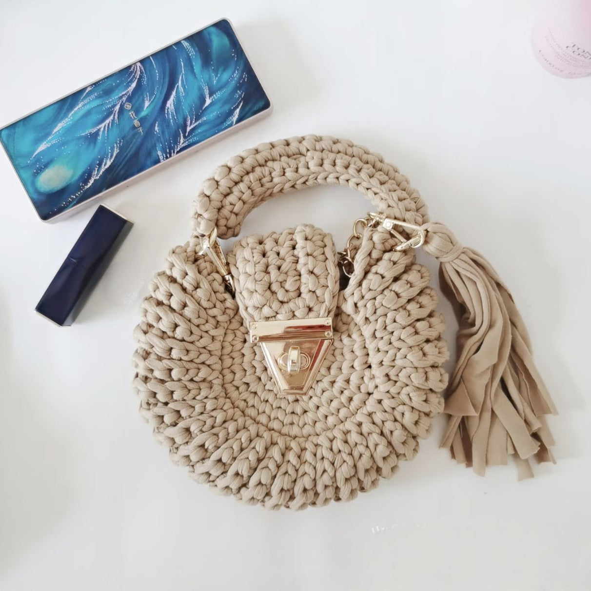 Bohemian Womens Solid-Colored Fabric-Strap Crochet Bag - Beauty Accessories