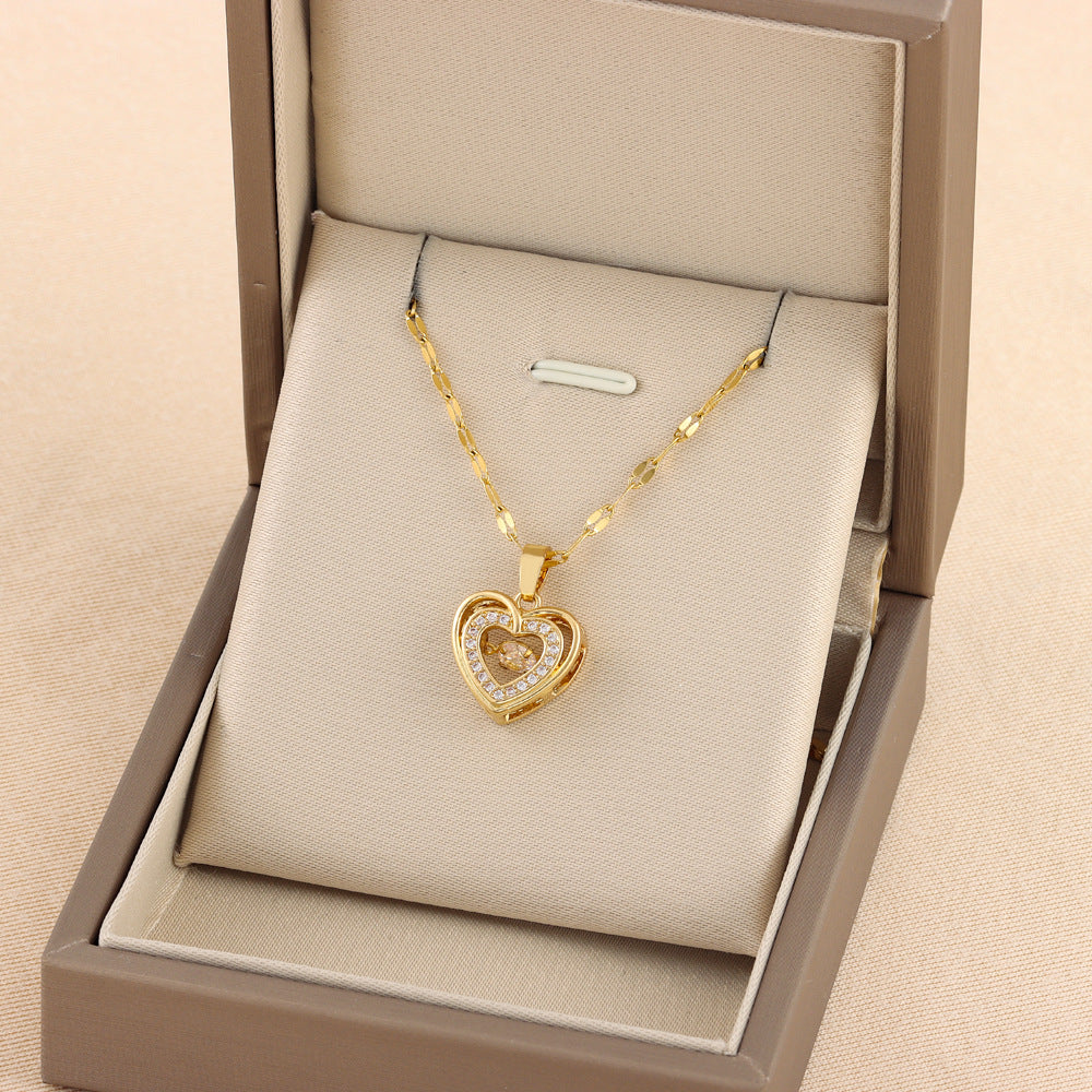Double-layer Love Necklace With Rhinestones Titanium Steel - Beauty Accessories