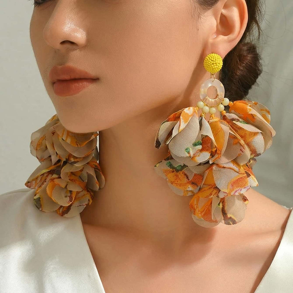 Bohemian Handmade Fabric Chiffon Flower Dangle Earrings - Beauty Accessories