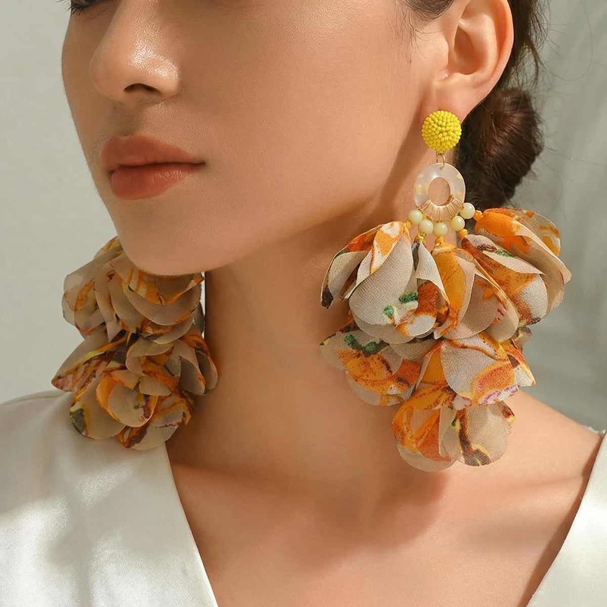 Bohemian Handmade Fabric Chiffon Flower Dangle Earrings - Beauty Accessories